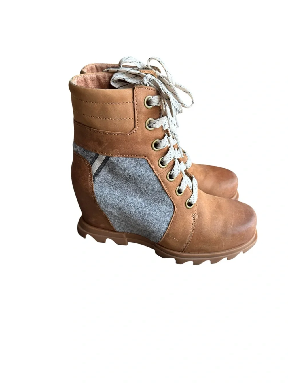 Sorel - Joan of Arctic Wedge II Lace Up Boots Brown Gray Felt Sz 7.5